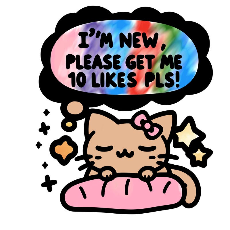 kitty taking a nap dream talking and saying "i'm new, please get me at least 10 likes pls!!"