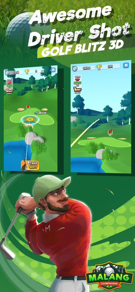 Banner promocional del juego móvil Golf Blitz 3D con un golfista haciendo un swing y capturas de pantalla del juego.