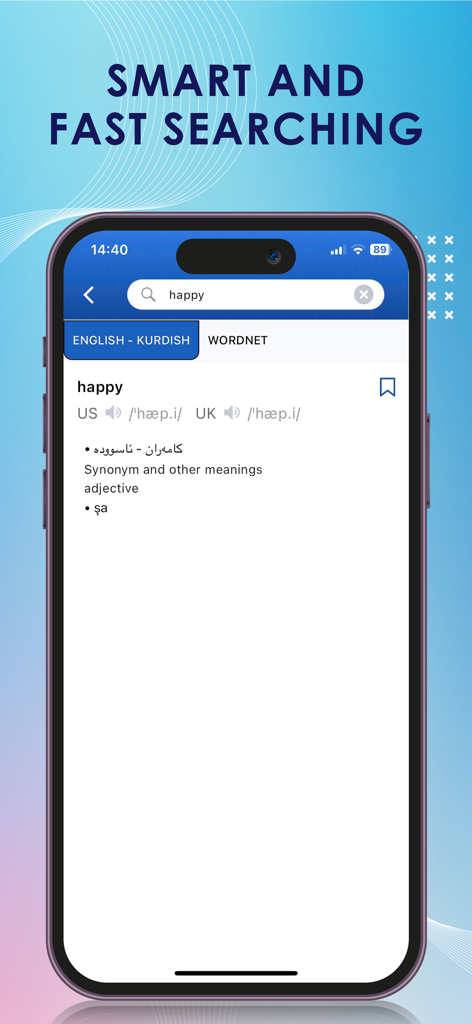 Kurdish English Dictionary + - Search results for the word happy in the Kurdish English Dictionary app showing translations and phonetic pronunciations.
