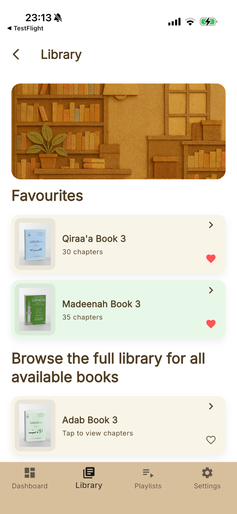 Madeenah Books - The library screen of the Madeenah Books app showing favorite Arabic study books and course materials