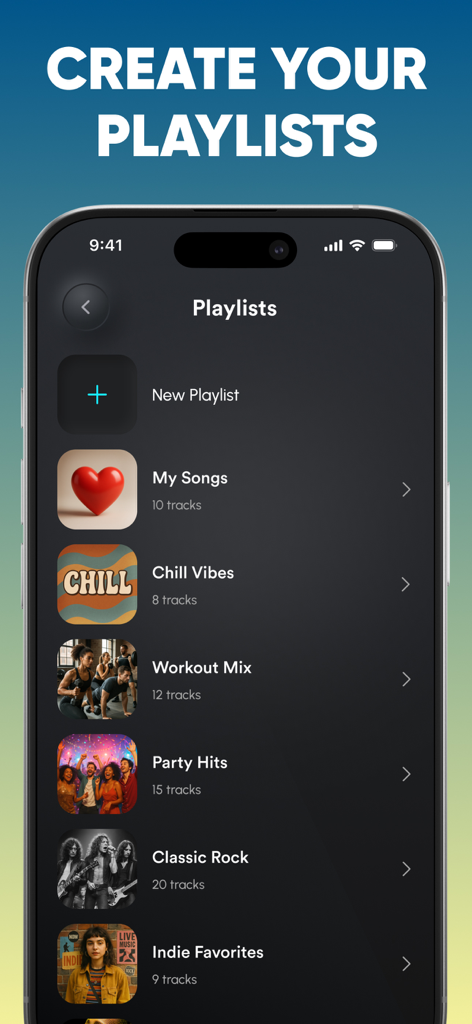 Screenshot, der den Musik-Playlist-Bereich der Lautstärke-Booster-App mit kuratierten Listen wie Chill Vibes und Workout Mix zeigt