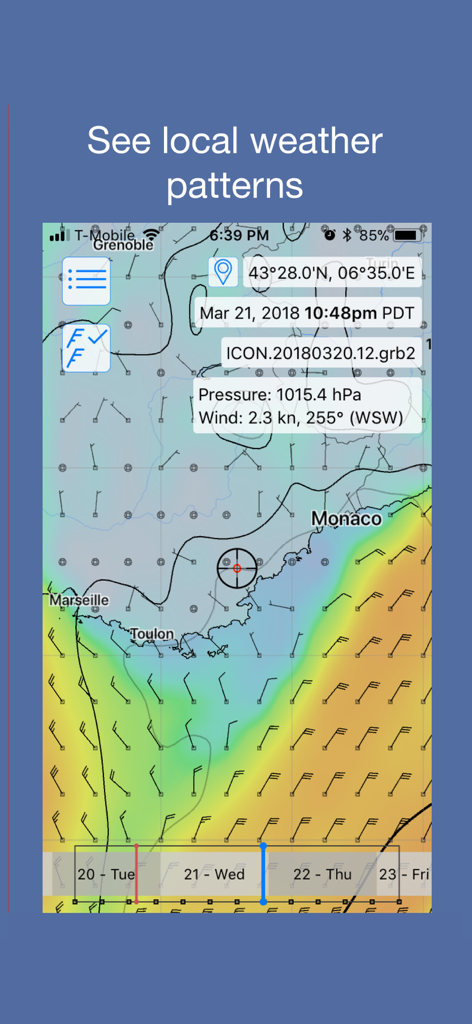 LuckGrib mobile app displaying wind barbs and weather patterns on a coastal map