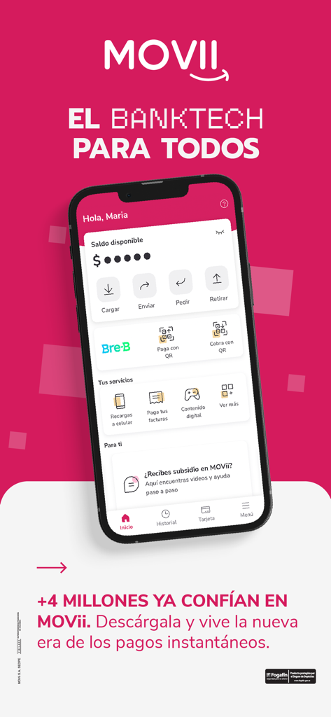MOVii - Interfaz de la aplicación móvil MOVii en la pantalla de un smartphone, mostrando el saldo y servicios financieros como pagos de facturas y recargas