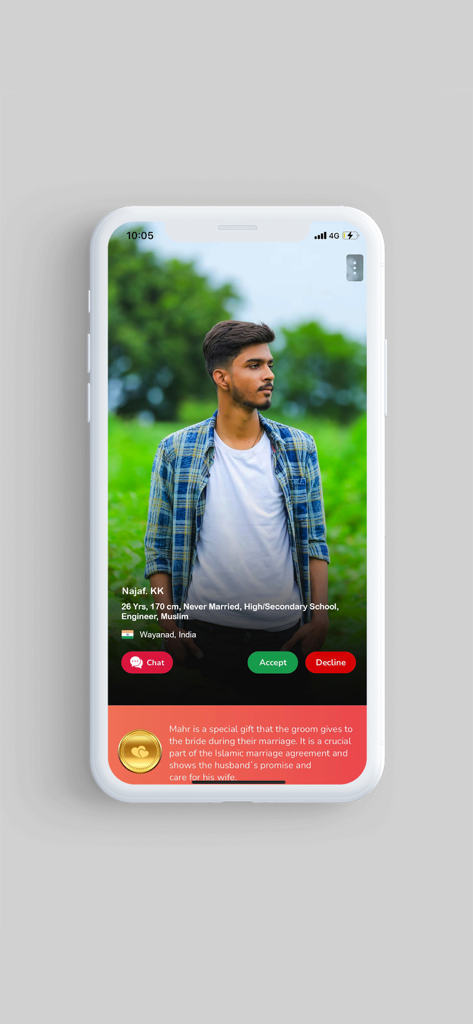FreeNikah - Muslim Matrimony - A mobile screen showing a user profile on the FreeNikah matrimonial app with chat and match options.