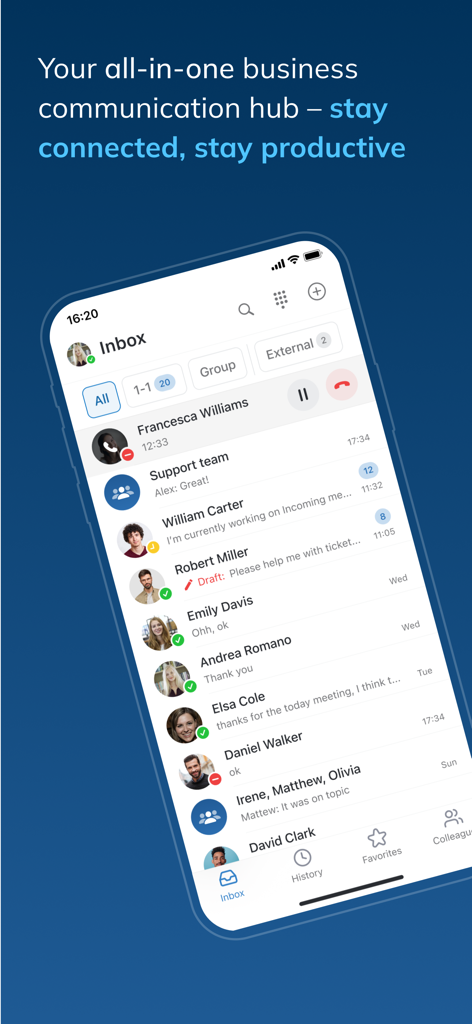 Casella di posta dell'app mobile Wildix Collaboration 7 che mostra chat attive e stato di presenza del team.