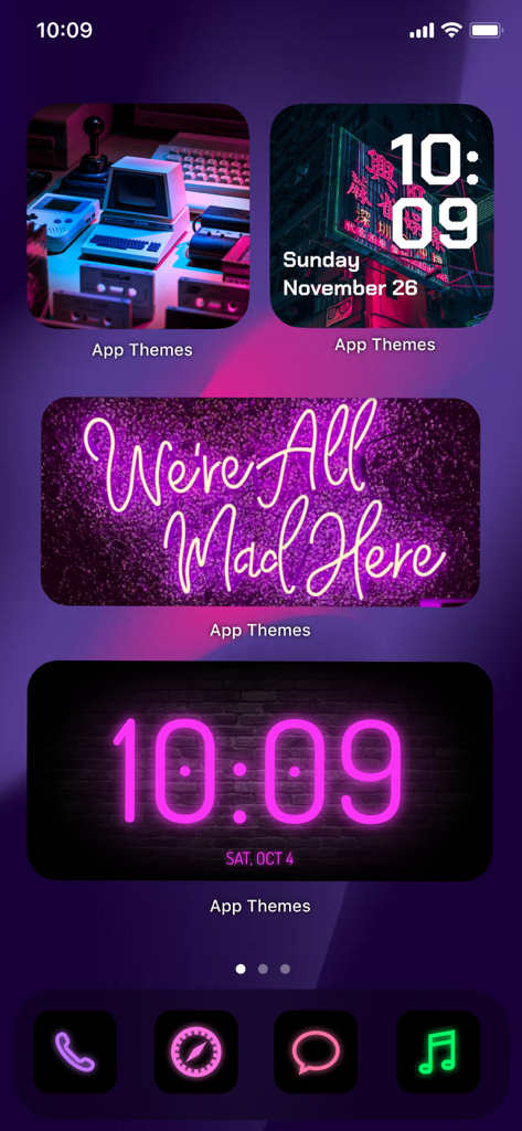 App Themes: Icon Widgets Kit - 네온 핑크 시계 위젯과 스타일화된 앱 아이콘이 있는 맞춤 설정된 iPhone 홈 화면