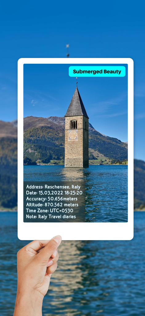 A travel photo of a submerged bell tower with GPS coordinates date and custom notes overlay