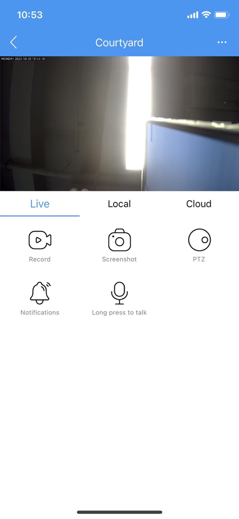 Canny Cam - Canny Cam mobile app interface showing a live video feed with camera controls for recording and intercom
