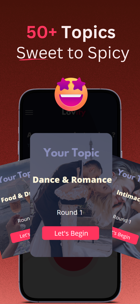 Lovify app screen showing over 50 conversation topics for couples ranging from sweet to spicy