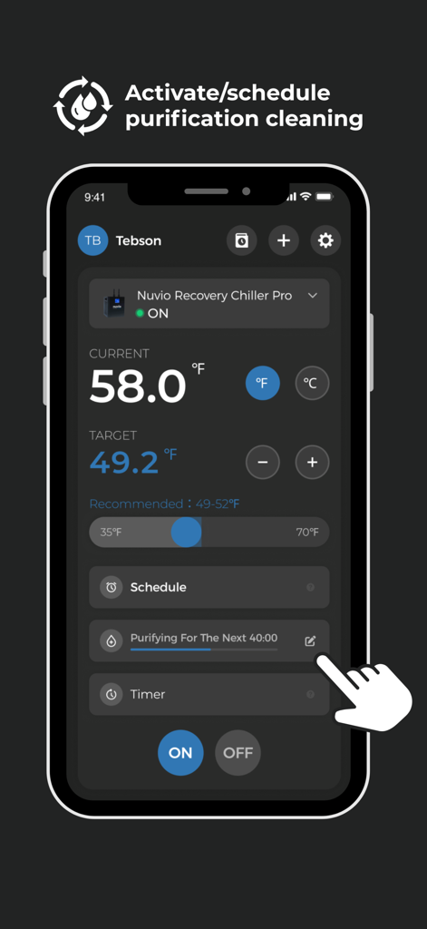 Nuvio - Nuvio app dashboard showing purification cleaning status and temperature control