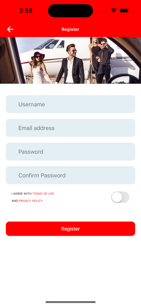 Fly Air - Écran d'inscription Fly Air avec une image d'en-tête de voyage de luxe et un formulaire de création de compte.