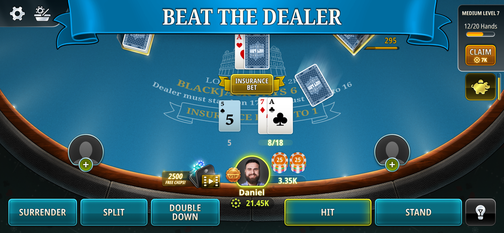 Blackjack 21-Handyspieloberfläche, die eine Spielerhand gegen den Dealer mit Aktionsschaltflächen wie Hit und Stand zeigt