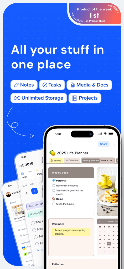 xTiles mobile app showing a visual life planner with notes tasks and weekly goals