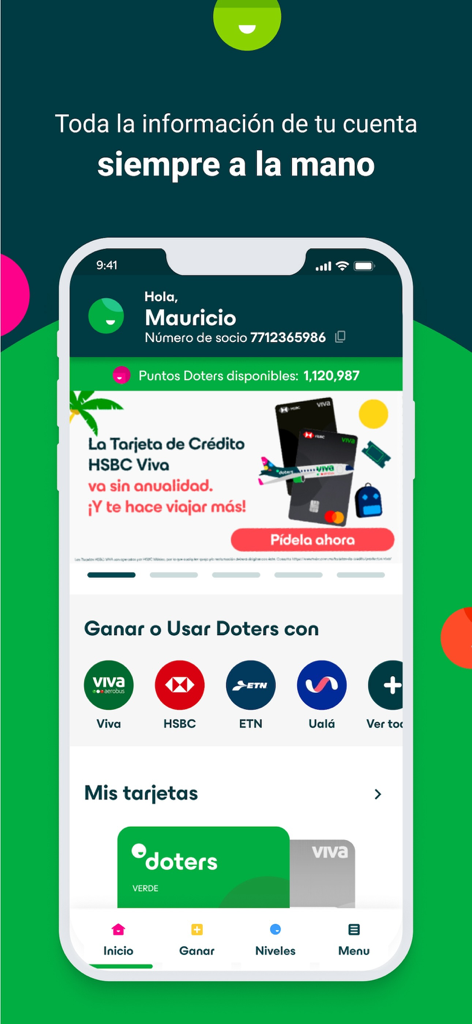 Doters App - Captura de pantalla de la pantalla de inicio de la aplicación Doters que muestra puntos de recompensa, socios de marca y una tarjeta de fidelización digital en español.