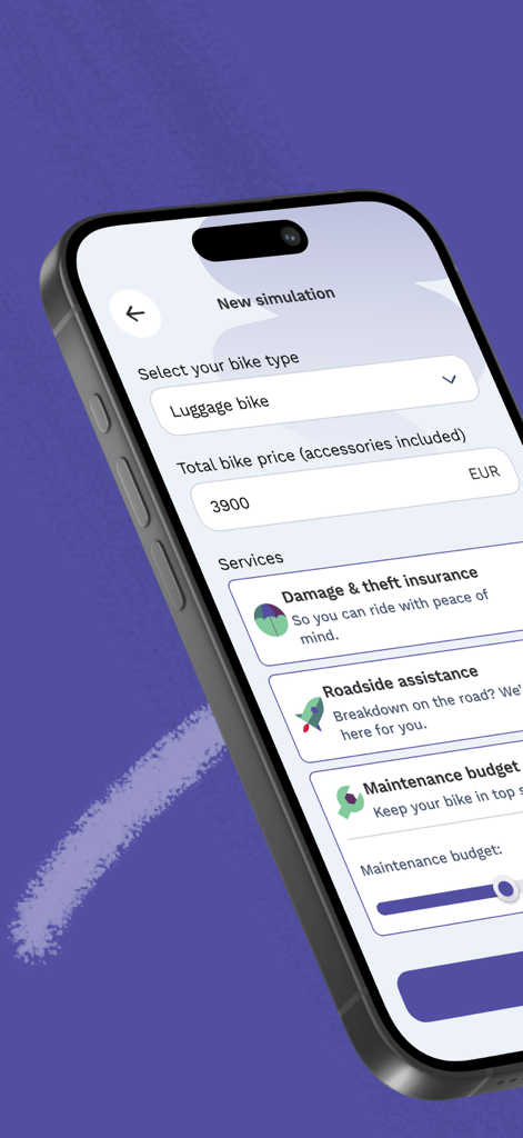 My.Cyclis - Smartphone displaying the My.Cyclis app simulation screen for selecting bike type and insurance services
