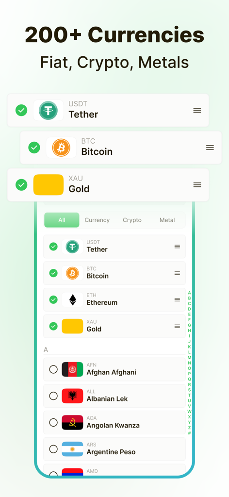 Currency Converter – Moneta - Moneta-App-Oberfläche zeigt eine umfassende Liste von Fiat-Währungen, Kryptowährungen und Edelmetallen zur Umrechnung an