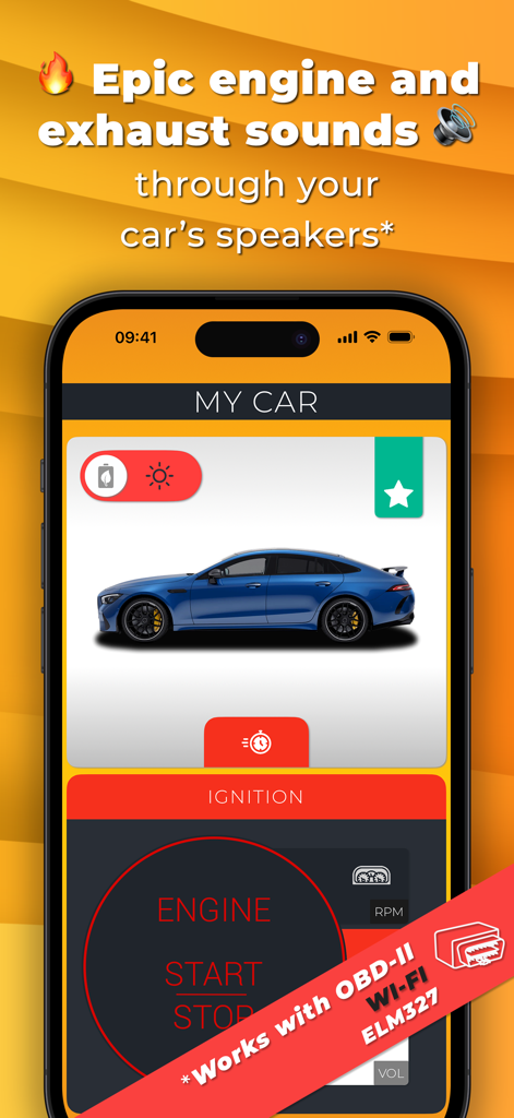 Potenza Drive: Engine Sounds - Potenza Drive app interface on iPhone showing car engine sound simulation and ignition button.