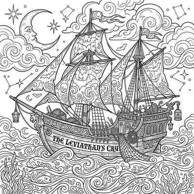 Set sail for a thrilling creative journey with this captivating gothic fishing boat coloring page. Immerse yourself in the intricate details of 'The Leviathan's Cry' as it navigates mysterious waters under a starry, moonlit sky.