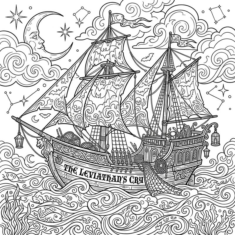 Set sail for a thrilling creative journey with this captivating gothic fishing boat coloring page. Immerse yourself in the intricate details of 'The Leviathan's Cry' as it navigates mysterious waters under a starry, moonlit sky.