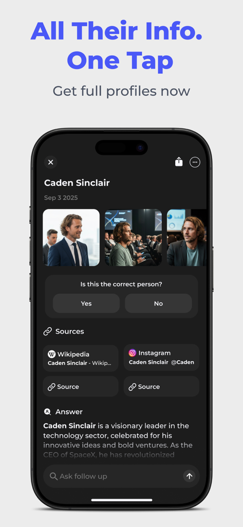 A mobile screen showing a detailed person profile with professional photos, social media links, and an AI summary.