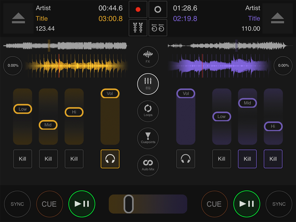 DJ DEX app interface on iPad showing two mixing decks with interactive waveforms and EQ faders