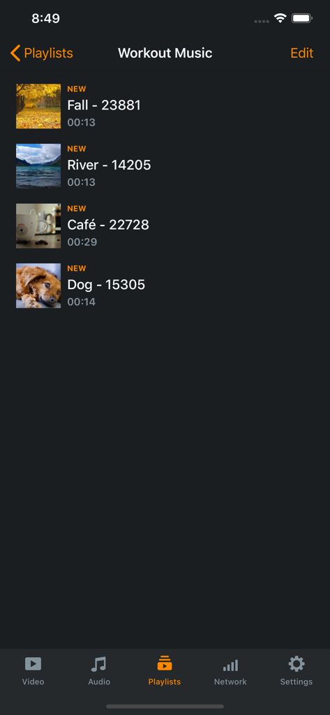 Azul - Video Player for iPhone - Workout Music playlist view in the Azul Video Player app interface.