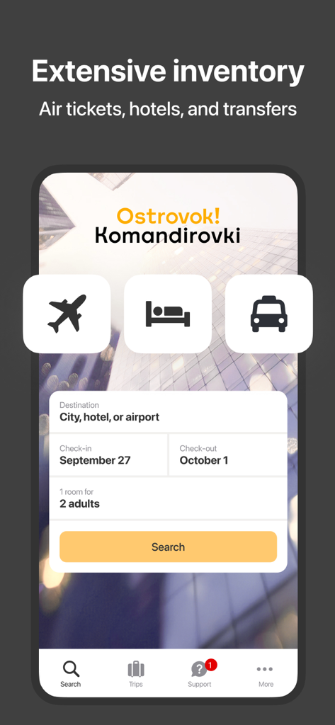 Ostrovok Komandirovki - Die Suchoberfläche der Ostrovok Komandirovki App mit Symbolen für Flüge, Hotels und Transfers.
