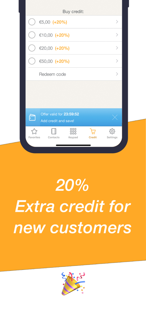 toolani: International Calling - toolaniアプリの購入クレジット画面、新規顧客向けの20%追加クレジットオファーが表示されている。