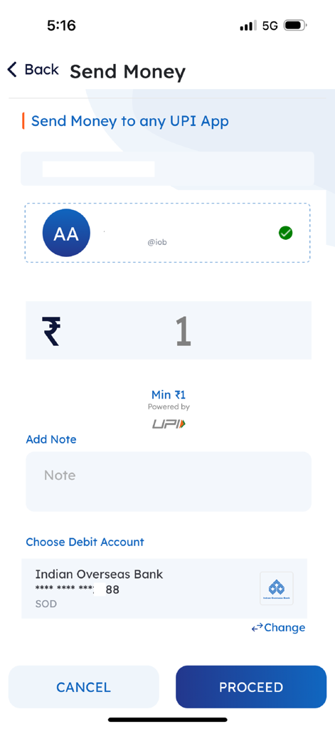 BHIM IOB UPI - Send money screen in the BHIM IOB UPI app showing fields for amount, recipient, note, and debit account selection.