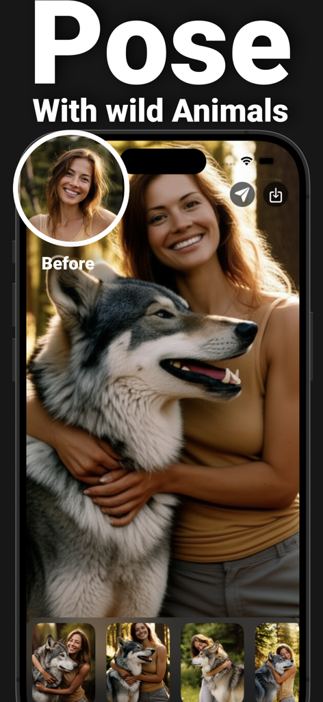 Body Editor Ai - Beauty Camera - A woman posing with a wolf in a forest using the Body Editor Ai wild animal pose feature