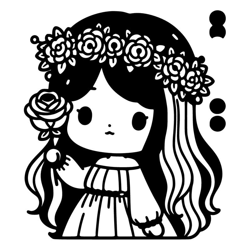 girl with brown hair and white strans with a flower crown and holding a white rose