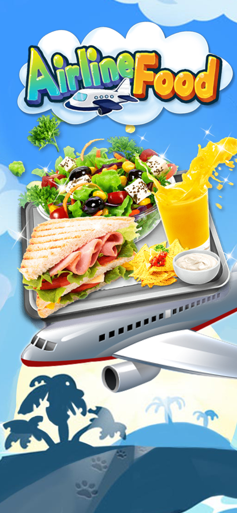 Airplane Food - Flight Chef - Airline Food game title screen featuring a meal tray with a sandwich salad and orange juice over a flying airplane