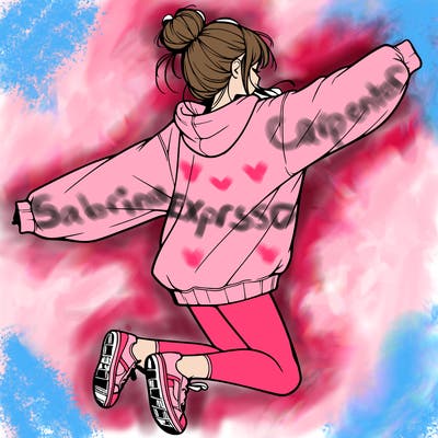realistic girl jumping with a bun and oversized sweatshirt