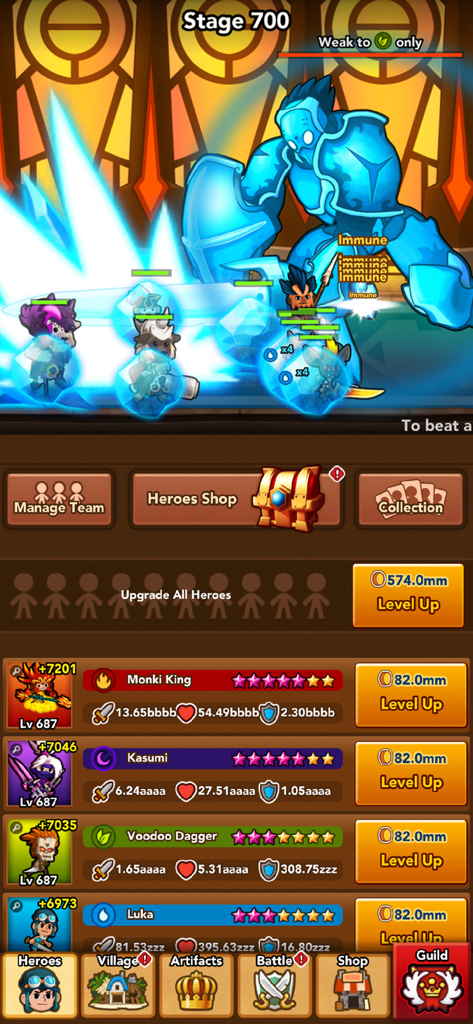 Crush Them All Gameplay, das einen riesigen Bosskampf und Helden-Upgrades zeigt.