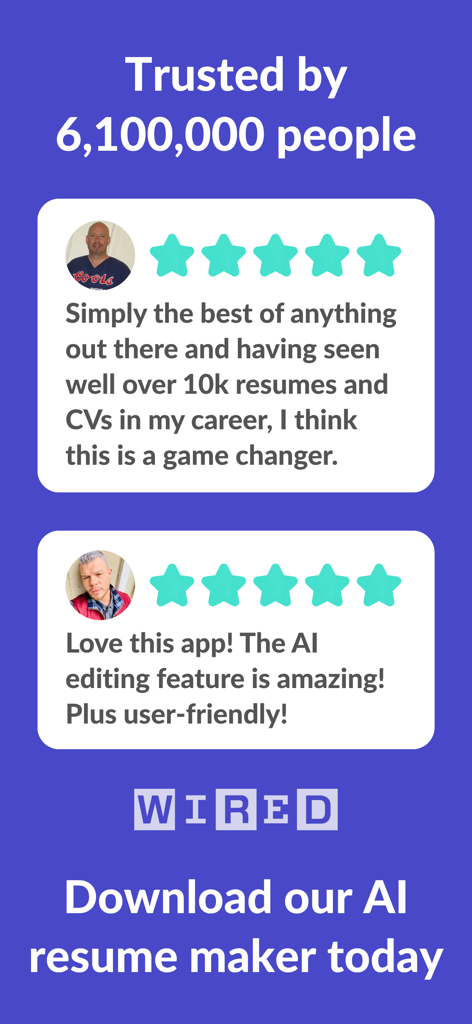 User testimonials and five star reviews for the Resume Builder CV Engineer mobile app