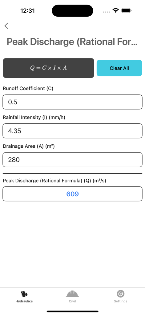 Hydraulics and Waterworks Calc - Un écran de calculateur dans l'application Calcul Hydraulique et Hydraulique Urbaine montrant les champs pour le débit de pointe en utilisant la formule rationnelle.