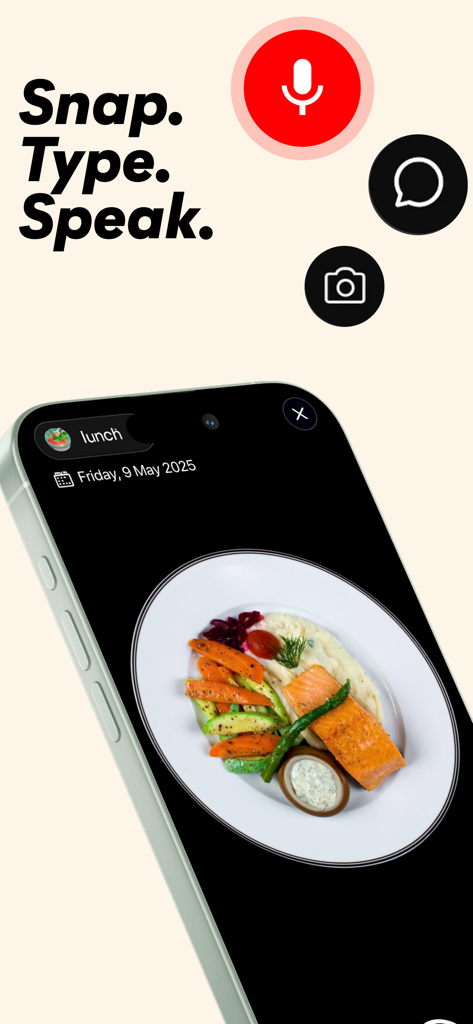 NutriGuide: AI calorie counter - Un smartphone mostrando la interfaz de la aplicación NutriGuide con una foto de una comida de salmón y el lema 'Toma una foto. Escribe. Habla.'
