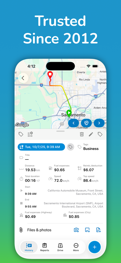 Motolog Mileage Tracker - Motolog app interface showing a business trip log with GPS map and reimbursement details
