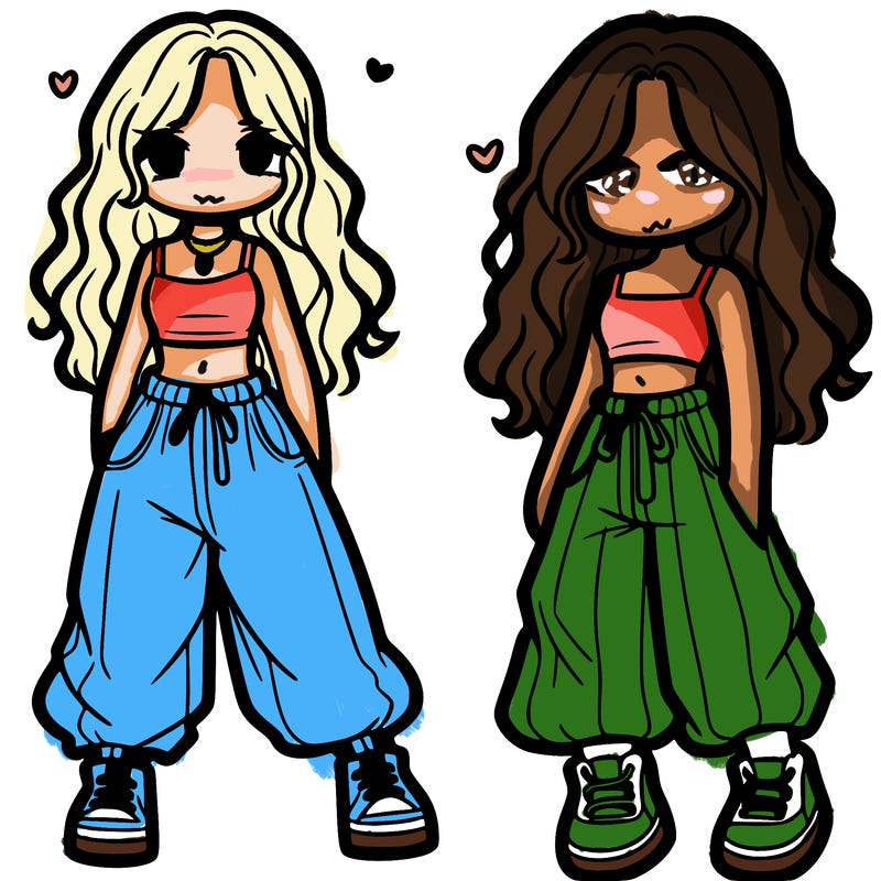 girl in baggy pants crop top and long hair