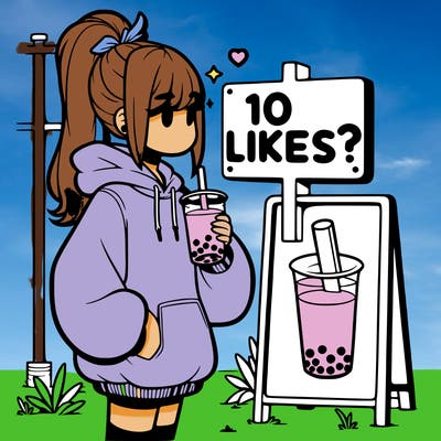 girl with oversized hoodie drinking boba and she has a high ponytail with a sign that says 10likes?