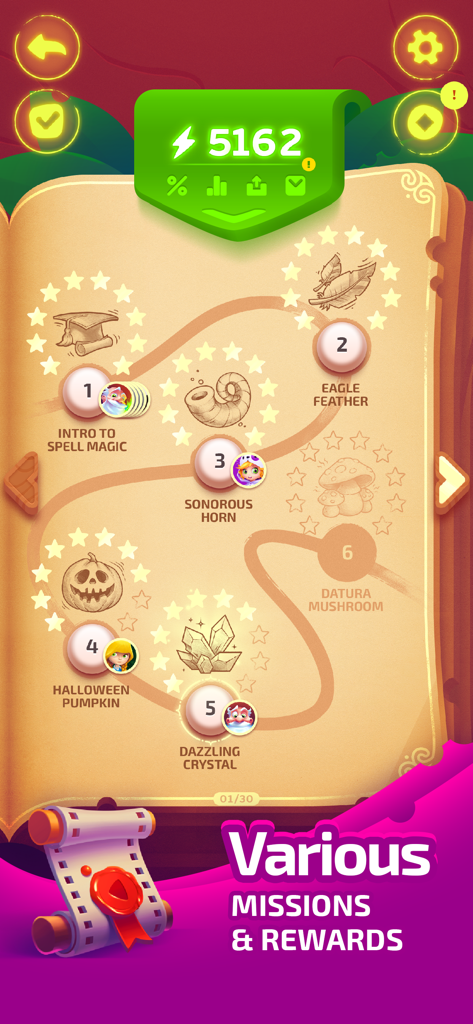 Ecrã do jogo Under a Spell mostrando a progressão de níveis num mapa místico com missões e recompensas.
