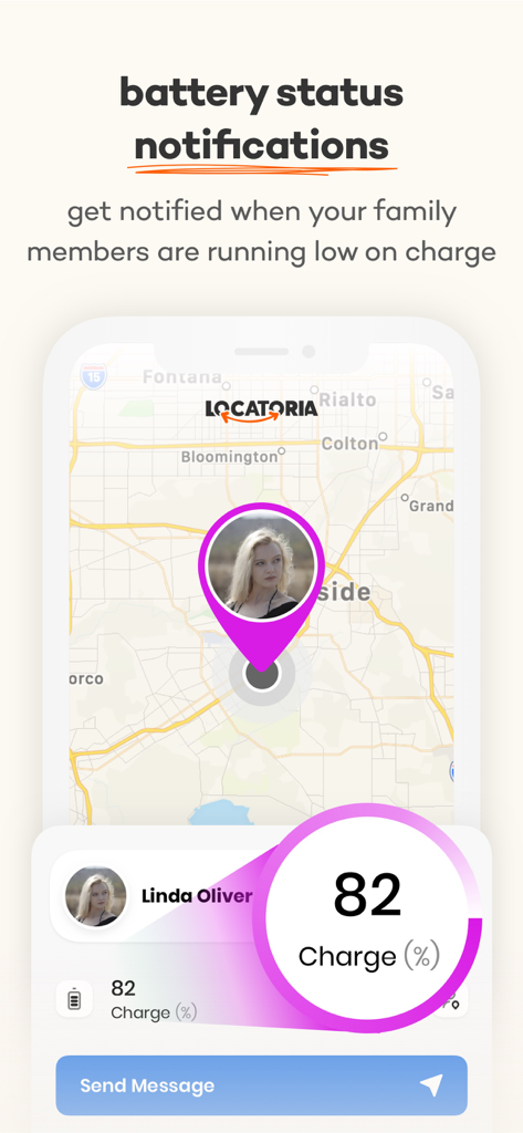 Locatoria - Find Location - Locatoriaアプリのインターフェイス、バッテリー充電レベルと家族の安全のためのリアルタイムマップ位置を表示