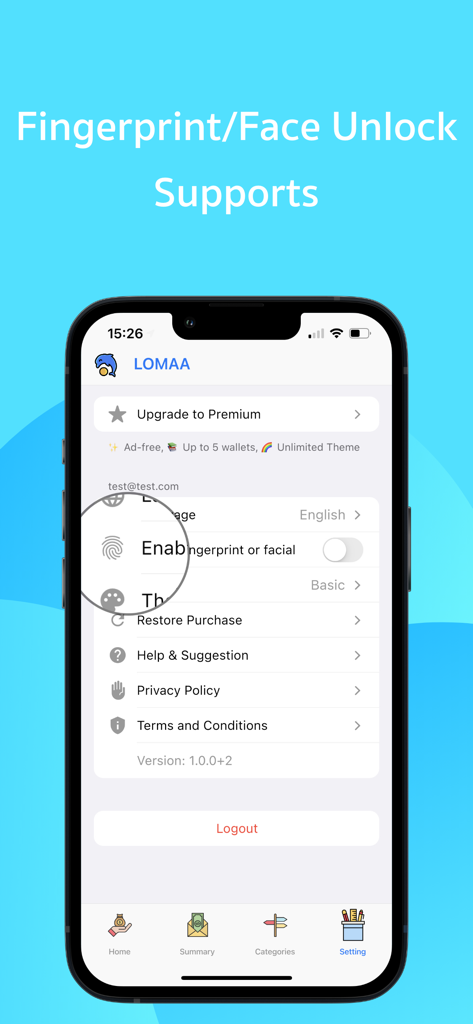 Lomaa app settings screen showing options to enable fingerprint or face unlock for secure money tracking