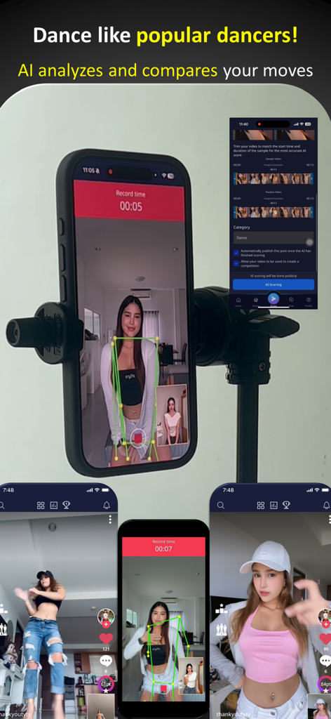 Smartphone recording a dance routine with AI motion tracking and skeleton visualization in HILFE AI app.