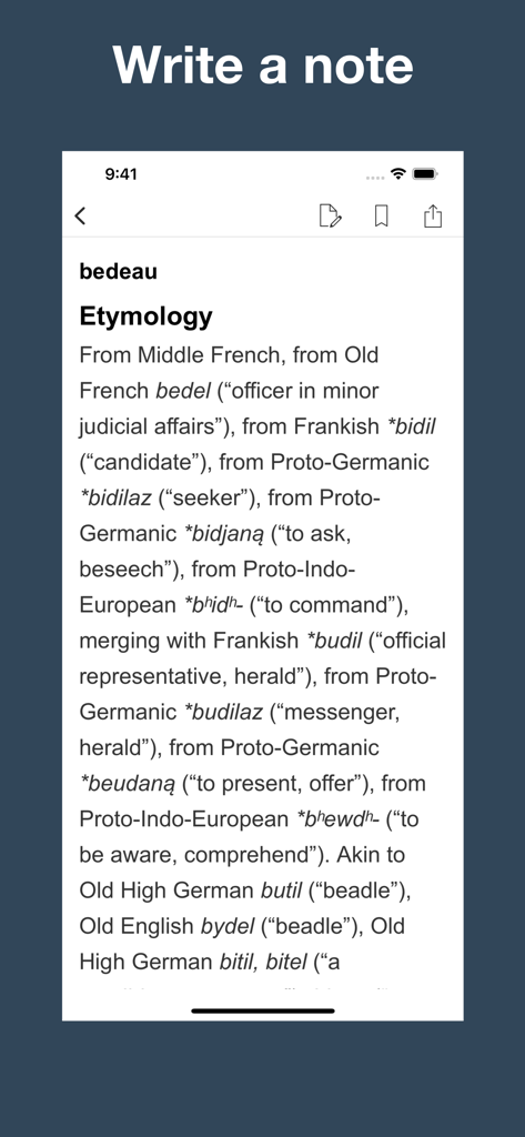 Screenshot of the French Etymology and Origins app displaying the detailed linguistic history and origin of the word bedeau.