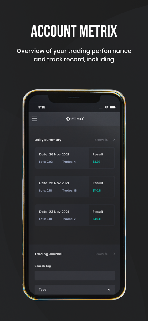 The FTMO mobile app displaying the Account Metrix dashboard with a daily summary of trading performance and results.