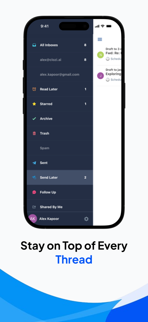 Polymail email app interface displaying the navigation sidebar with folders like Send Later and Follow Up