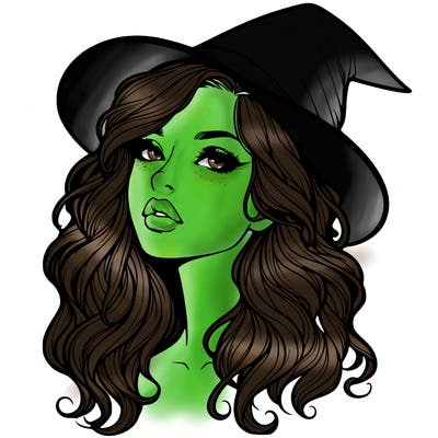 realistic witch girl with wavy hair and lips