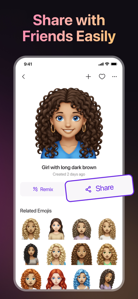 AI Emoji Maker - Merge Emoji - Interface of AI Emoji Maker app showing a custom girl emoji and a highlighted share button
