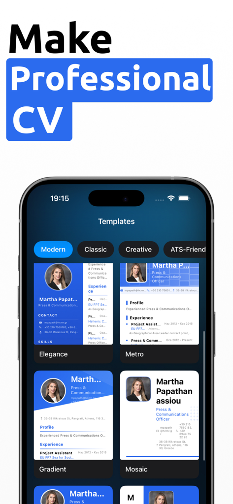 CV Maker: AI Resume Builder - Una selección de plantillas de currículum profesionales en la aplicación CV Maker.